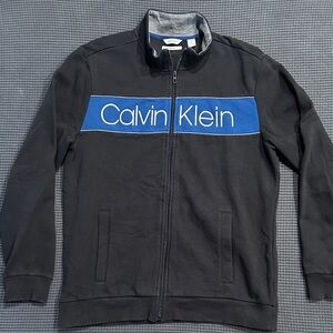 Calvin Klein Full Zip Soft Touch Fleece Jacket Black Blue Logo Size XL